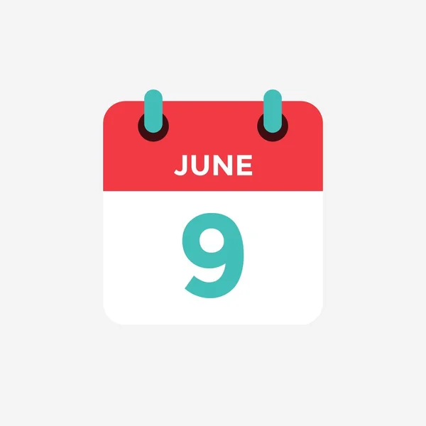 Icône plate calendrier 9 de juin. Date, jour et mois. Illustration vectorielle . — Image vectorielle