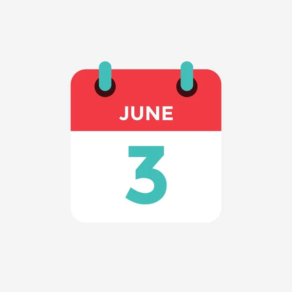 Icône plate calendrier 3 de juin. Date, jour et mois. Illustration vectorielle . — Image vectorielle