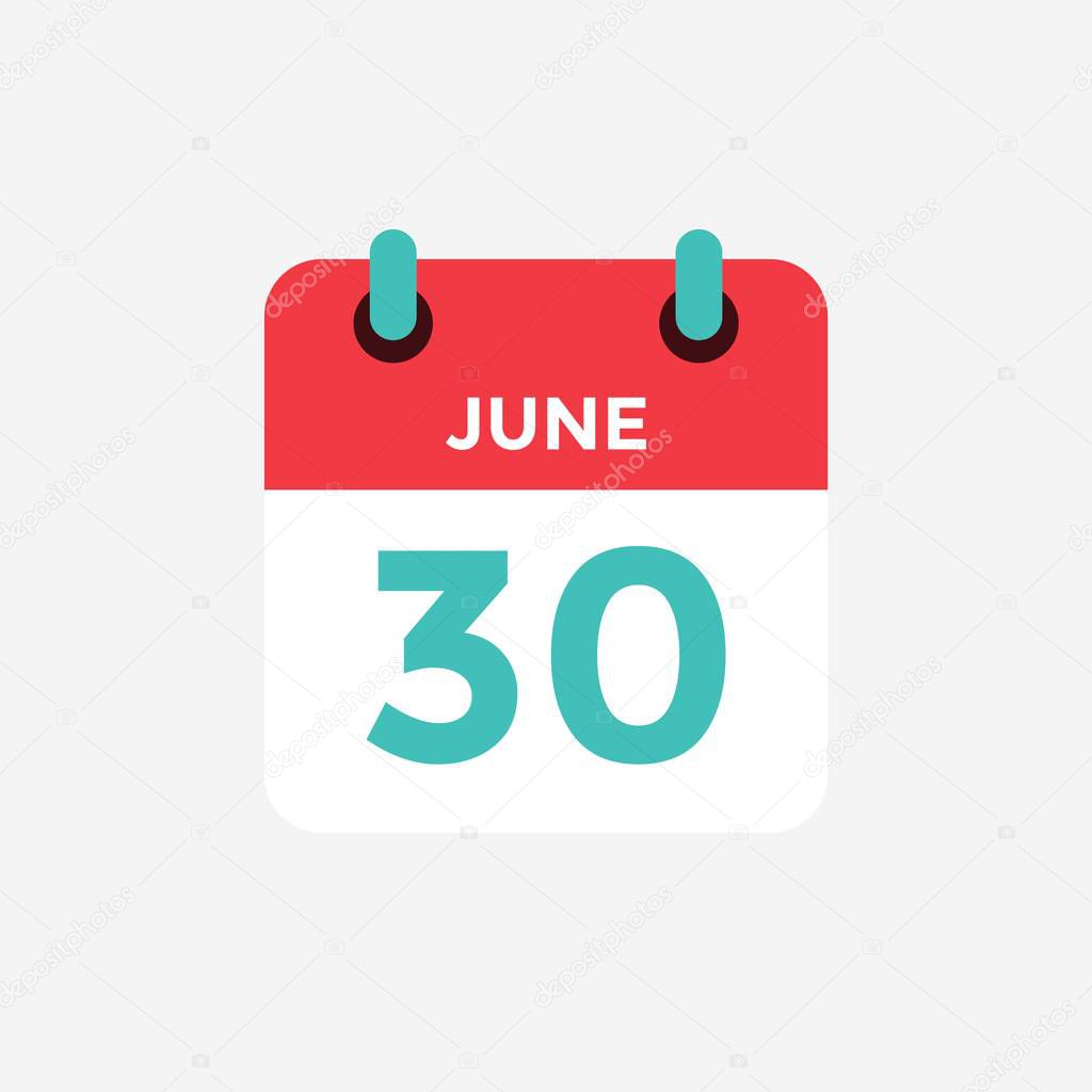 Flat icon calendar 30 of June. Date, day and month. Vector illustration.
