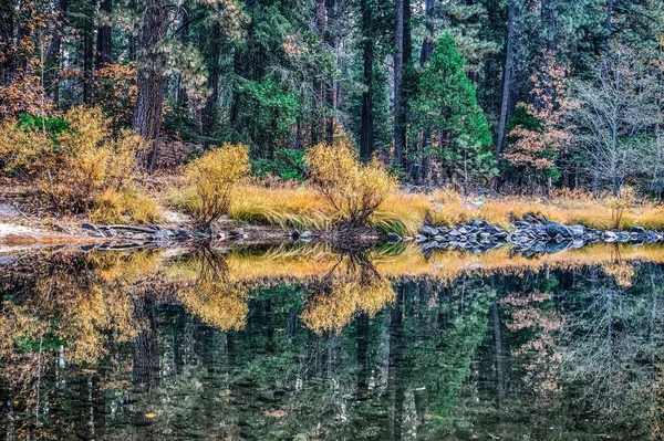 Hermosos reflejos a lo largo del río en el parque de yosemite — Foto de Stock