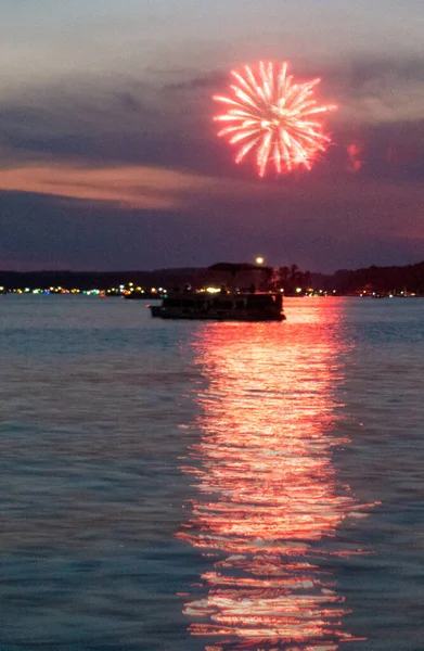Holiday Fireworks Water Reflection Night Black Sky — Stock Photo, Image