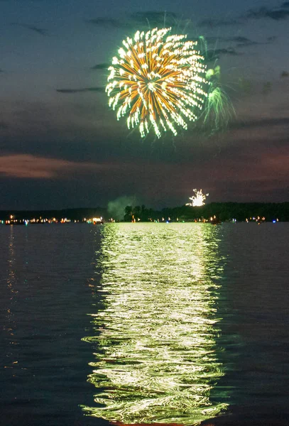 Holiday Fireworks Water Reflection Night Black Sky — Stock Photo, Image