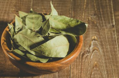 defne yaprağı kırsal tarzı/defne yaprağı bir ahşap plaka içinde baharatlar. Seçici focu