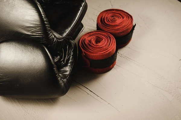 Black Boxing Gloves Red Bandage Sport Concept Black Boxing Gloves — Stock Photo, Image