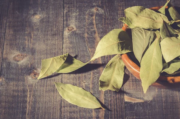 Przyprawy Liść Laurowy Wiejskich Stylu Bay Leaf Ciemnej Powierzchni Drewnianych — Zdjęcie stockowe