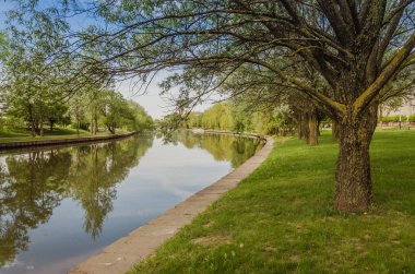 River park Nehri boyunca güneşli gün/ağaçlar parkında
