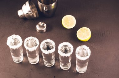 tekila ve kireç parçaları ve tekila ve kireç ve shaker karanlık bir arka plan üzerinde adet shaker/çekim çekim. Üstten görünüm