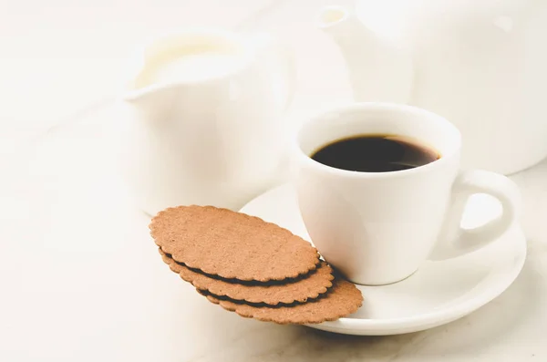 Coffe Copo Branco Com Biscoitos Leite Café Copo Branco Com — Fotografia de Stock