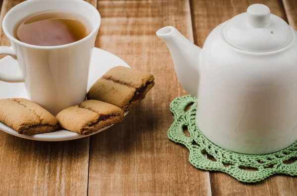 Cookies White Cup Tea Teapot Wooden Background Cookies White Cup — Stock Photo, Image