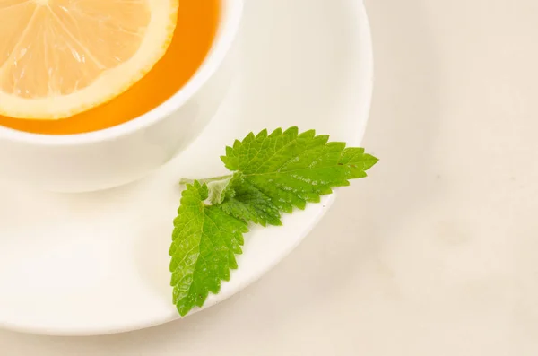 herbal tea with a lemon and mint/tea cup with a segment of a lemon and mint closeup. Top view