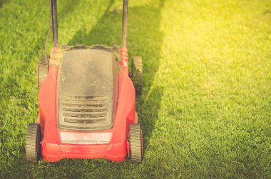 yeşil çimenlerin üzerinde yeşil çimen/çim biçme makinesi üzerinde çim biçme makinesi. Boşaltmak