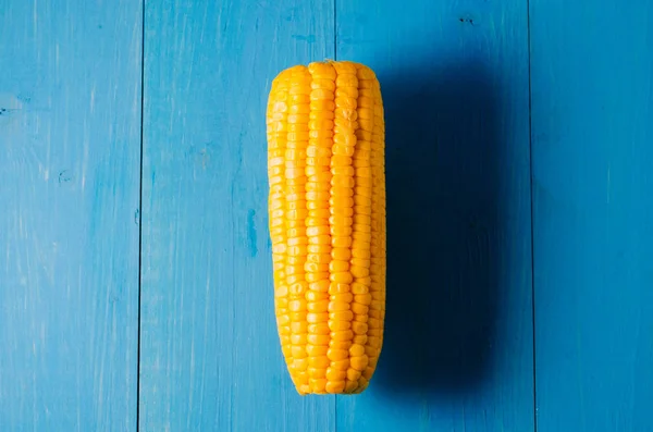 Ear of boiled appetizing corn on a blue background/vegetarian co — Stock Photo, Image