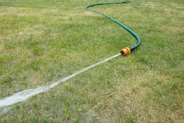 Schlauch Mit Wasserstrahl Schlauch Mit Wasserstrahl Auf Dem Grünen Rasen — Stockfoto