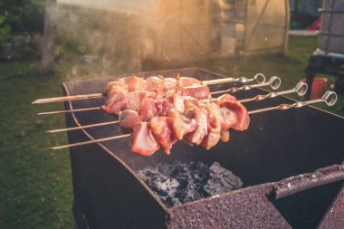 Güneşli bir günde ızgara et, güneşli bir günde ızgarada ızgara yapmak için şiş şiş yemek.