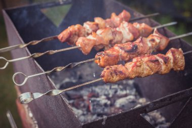 Güneşli bir günde ızgara et, güneşli bir günde ızgarada ızgara yapmak için şiş şiş yemek.