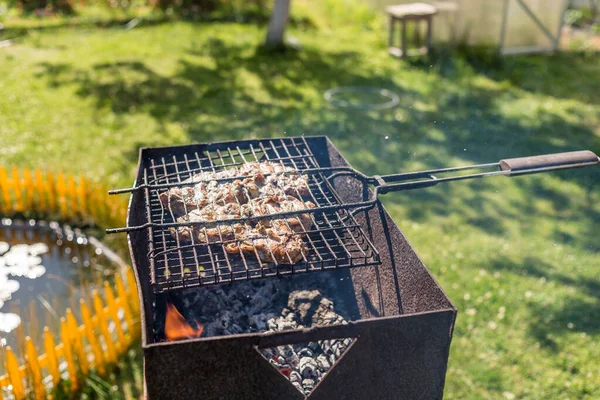 Grillen Auf Dem Grill Sonnigen Tagen Hühnerfleisch Wird Auf Dem — Stockfoto