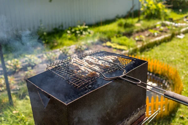 Barbecue Grill Een Zonnige Dag Kip Vlees Wordt Gegrild Grill — Stockfoto