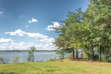 Ormandaki göl manzarası. Ormandaki ahşap bir masa, piknik masası olan bir göl. Güneşli bir günde.