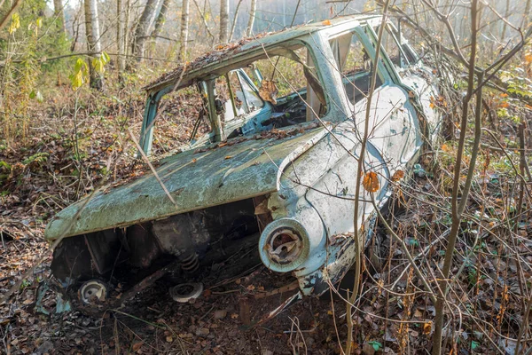 Stary Samochód Porzucony Lesie Porzucony Stary Samochód Zaśmiecający Las — Zdjęcie stockowe