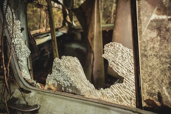 broken window in an abandoned car/broken glass in an abandoned car