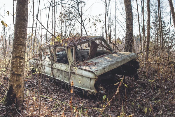 Altes Auto Wald Zurückgelassen Verlassenes Altes Auto Verschmutzt Den Wald — Stockfoto