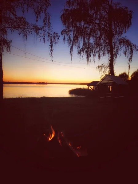 Захід Сонця Березі Озера — стокове фото