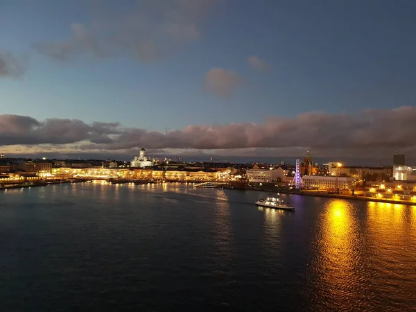 Coucher Soleil Helsinki Paysage Urbain Navire — Photo