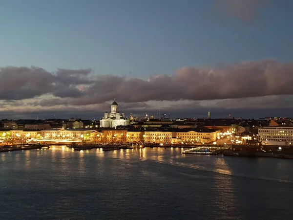 Coucher Soleil Helsinki Paysage Urbain Navire — Photo