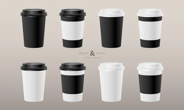 Eight Paper Hot Cup Coffee Set Black White Realistic Vector — Stock Vector
