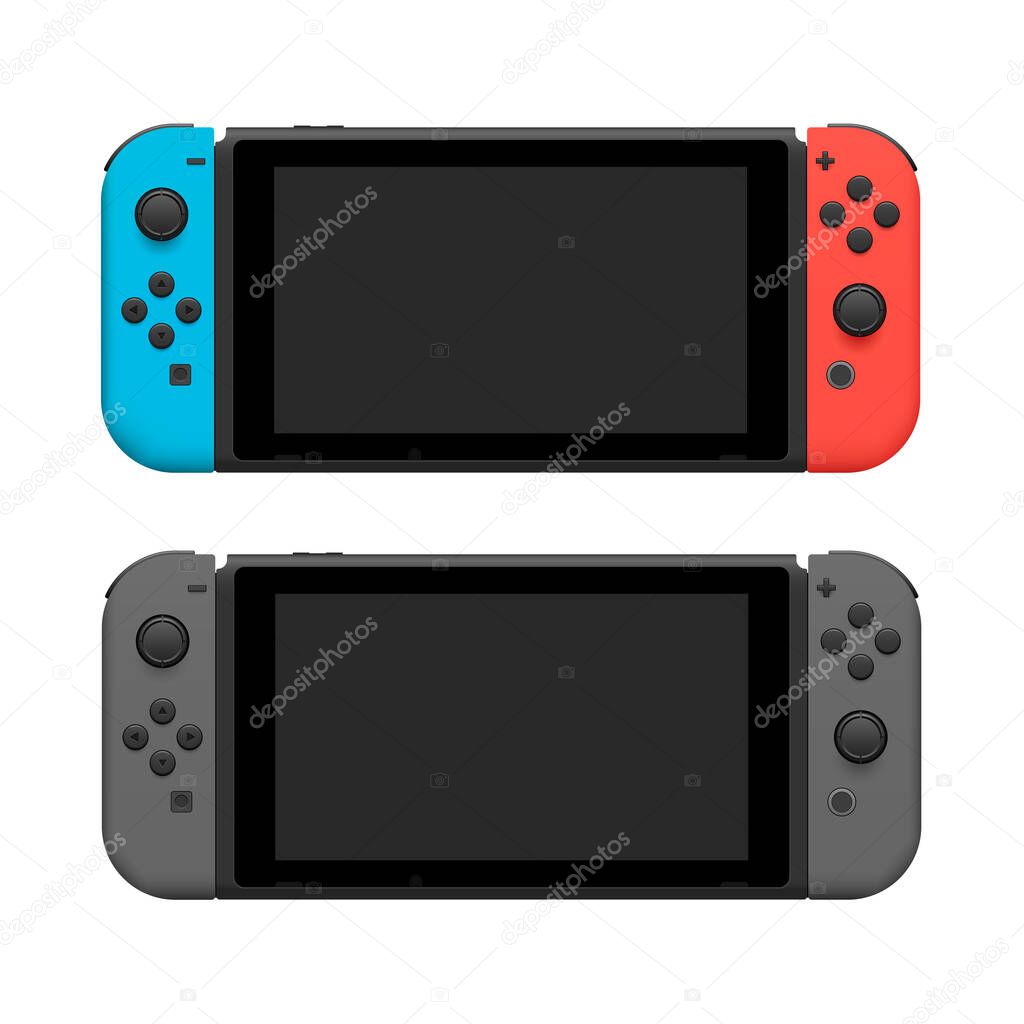 Portable wireless video game console pair icons blue red and grey realistic detailed 3d isolated vector eps 10