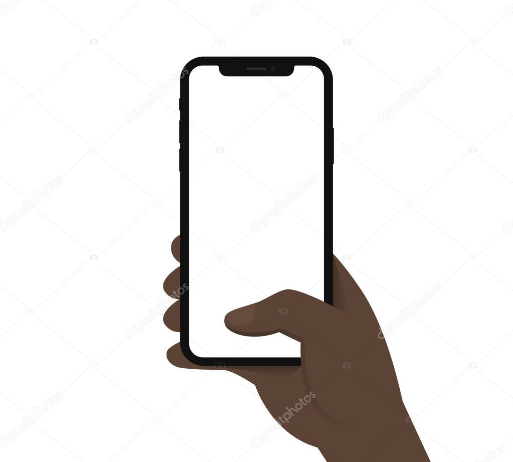Black man hand hold phone vertical first person view blank template clip art flat design vector EPS 10