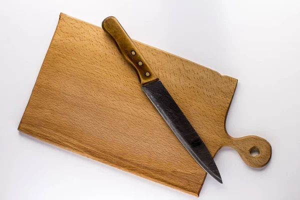 Table Cuisine Bois Avec Couteau Sur Fond Blanc — Photo