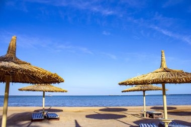 Thatch tropik Sahilde şezlong şemsiye ve plaj tropikal deniz kopya alanı