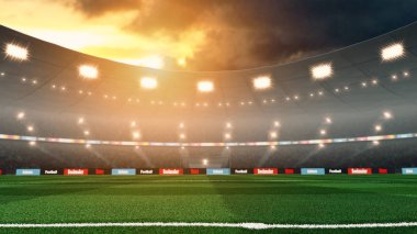 Boş gün batımı futbol stadyumu ışıkları ve kalabalık. 3D render