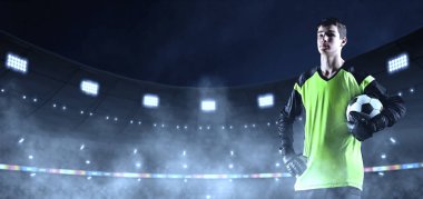 3d futbol Stadı unbranded bez genç futbol kaleci. Kalabalık ve 3d yapılan Stadyumu