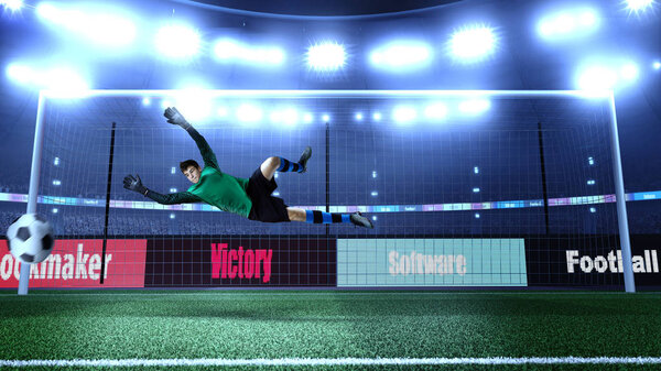 Soccer goalkeeper in unbranded cloth in action on the 3D soccer stadium. Crowd was made in 3D.