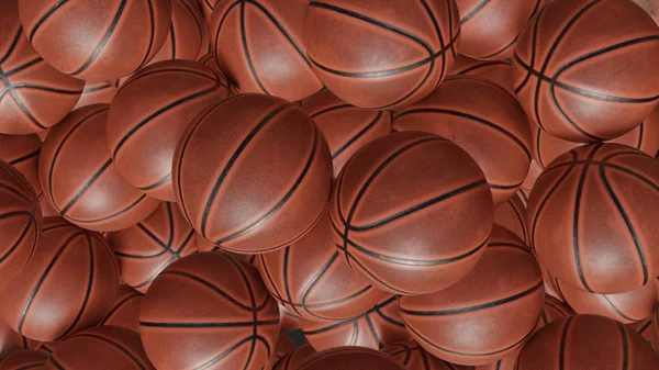 Muitas bolas de basquete laranja. vista superior. Renderização 3d — Fotografia de Stock