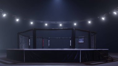 Mma arenası. Işıkların altında boş dövüş kafesi. 3d render