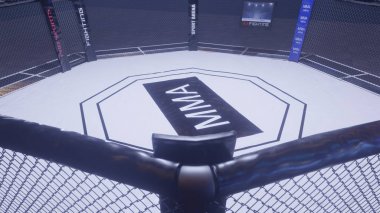 Mma arenası. Işıkların altında boş dövüş kafesi. 3d render