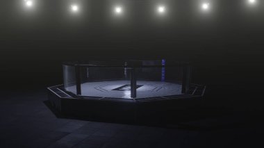 Mma arenası. Işıkların altında boş dövüş kafesi. 3d render