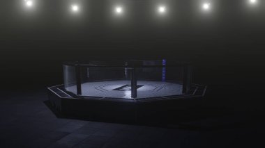 Mma arena. Empty fight cage under lights. 3D rendering clipart