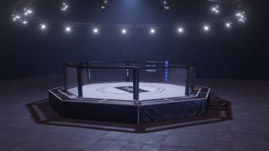 Mma arenası. Işıkların altında boş dövüş kafesi. 3d render