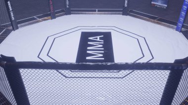 Mma arenası. Işıkların altında boş dövüş kafesi. 3d render