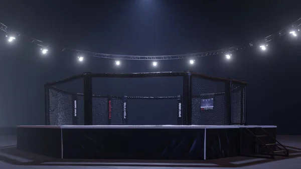 Arena Mma. Gaiola de luta vazia sob luzes. Renderização 3D — Fotografia de Stock