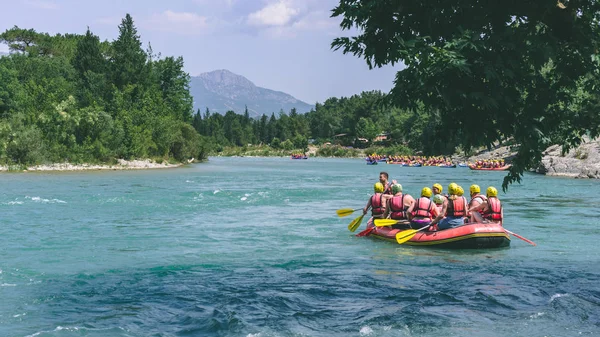 3rd June 2018; Antalya, Turkey - Rafting team in the boat in Koprulu Kanyon. Stock Photo