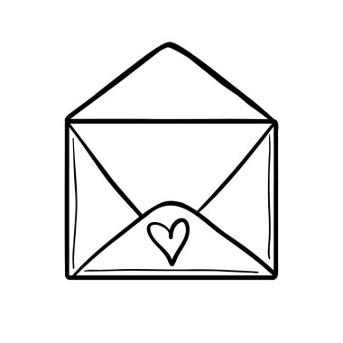 Kalpli, şirin, açık bir zarf. Bir mektup, içinde sevgi olan bir zarf. Tebrik kartları, posterler, çıkartmalar ve profesyonel tasarım için. Karalama el çizimi. Vektör illüstrasyonu.