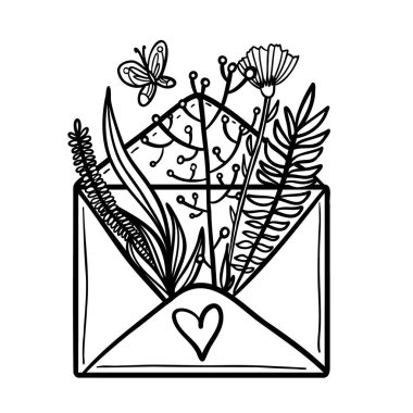 Yapraklı basit zarf çizgisi çizimi. Siyah beyaz çizgi sanatı. Çocuklar için boyama sayfası. Aşk mektubu yaratıcı el yapımı konsept. Kartın için logo, amblem ya da etiket, düğün.