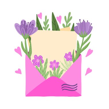 Aşk mektubu kavramı. Bahar çiçekli zarf, mektuptan dökülen yapraklar. Romantik bir geçmiş, sevgililer günü, doğum günü, yıldönümü için bir zarfta aşk mesajı. Sevgililer Günü Konsepti.
