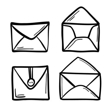Şirin şekillendirilmiş karalama zarfları. Elle çizilmiş elementler, açık, kapalı, harflerle, bir yığın zarfla. Kartlar, web, posterler, simgeler, çıkartmalar ve tasarım için. Vektör Resimleri.