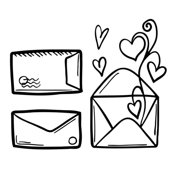 Envelopes Rabiscos Estilizados Bonitos Jogo Desenhado Mão Elementos Aberto Fechado —  Vetores de Stock